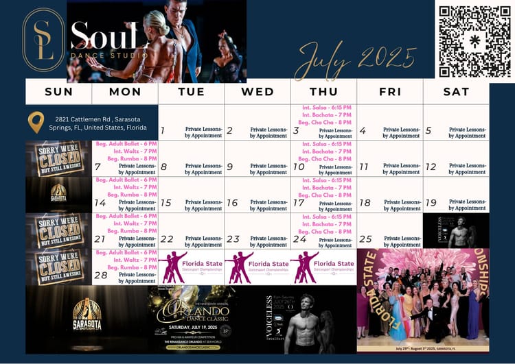🎆👒 July 2025 SouL Dance Studio Group Class and Event Calendar 👒🎆